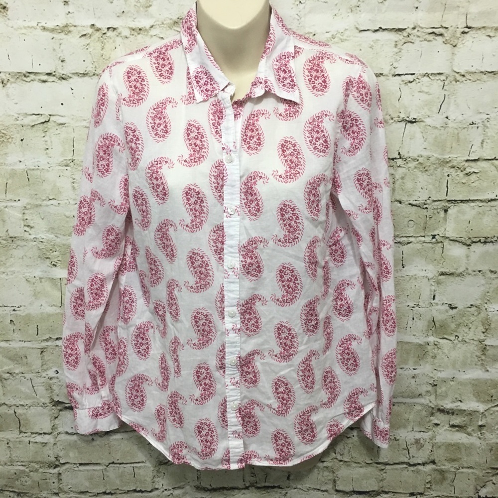 🌻 LOFT White Pink Paisley Button Down Shirt D5